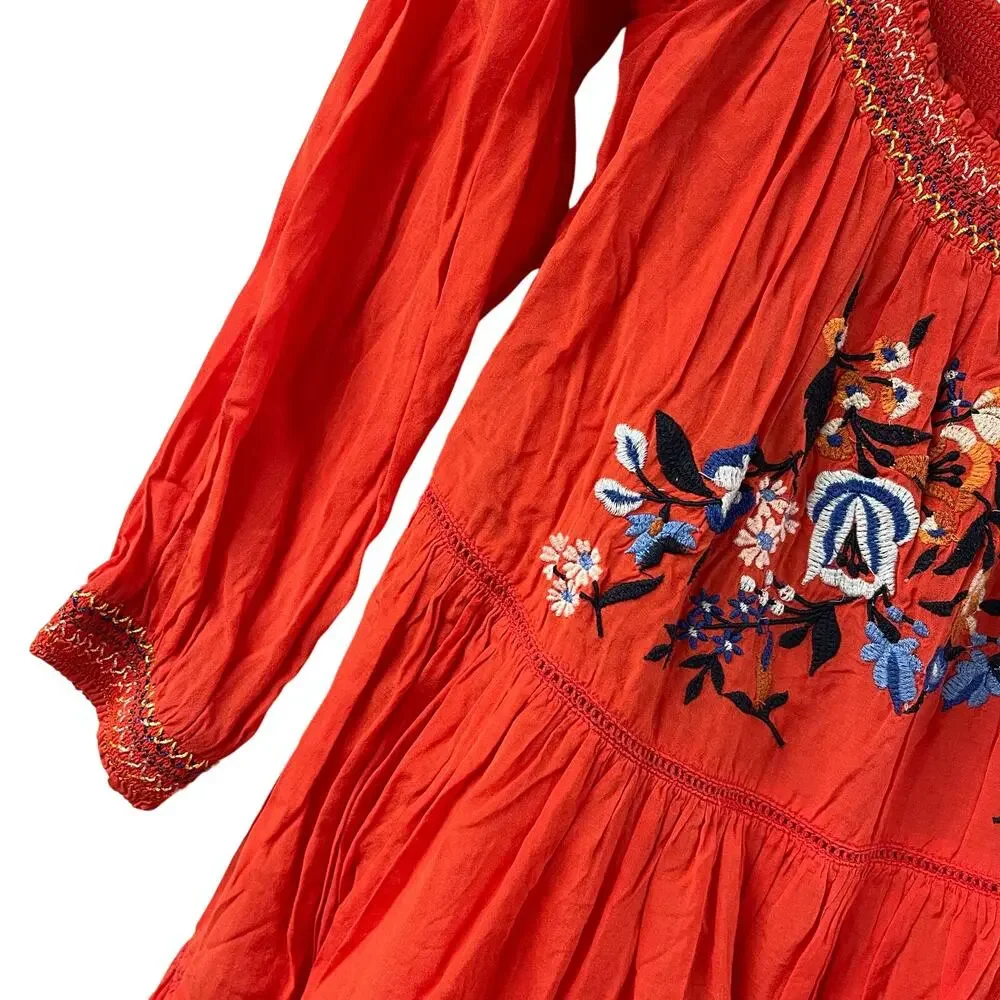 Free People Sunbeams Mini Dress S Embroidered Floral Peasant Red Bohemian